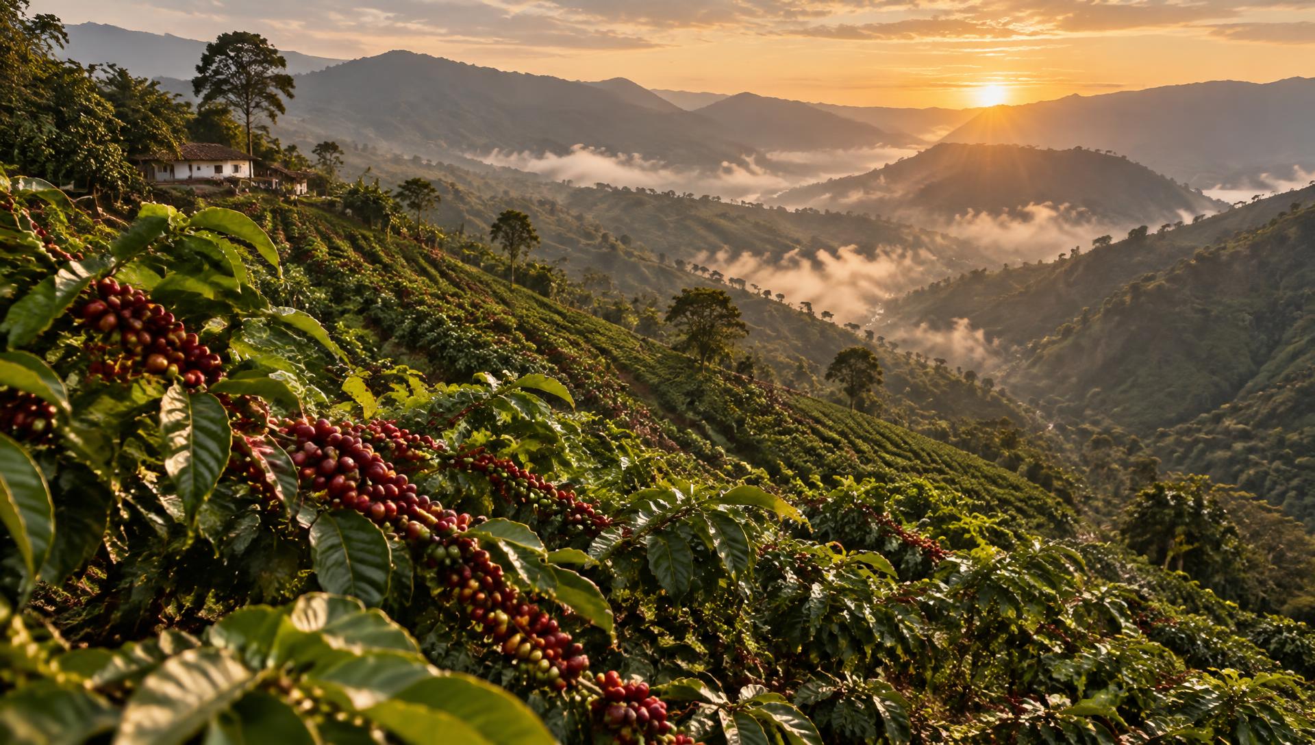 Cafetales en las montañas de Antioquia al amanecer
