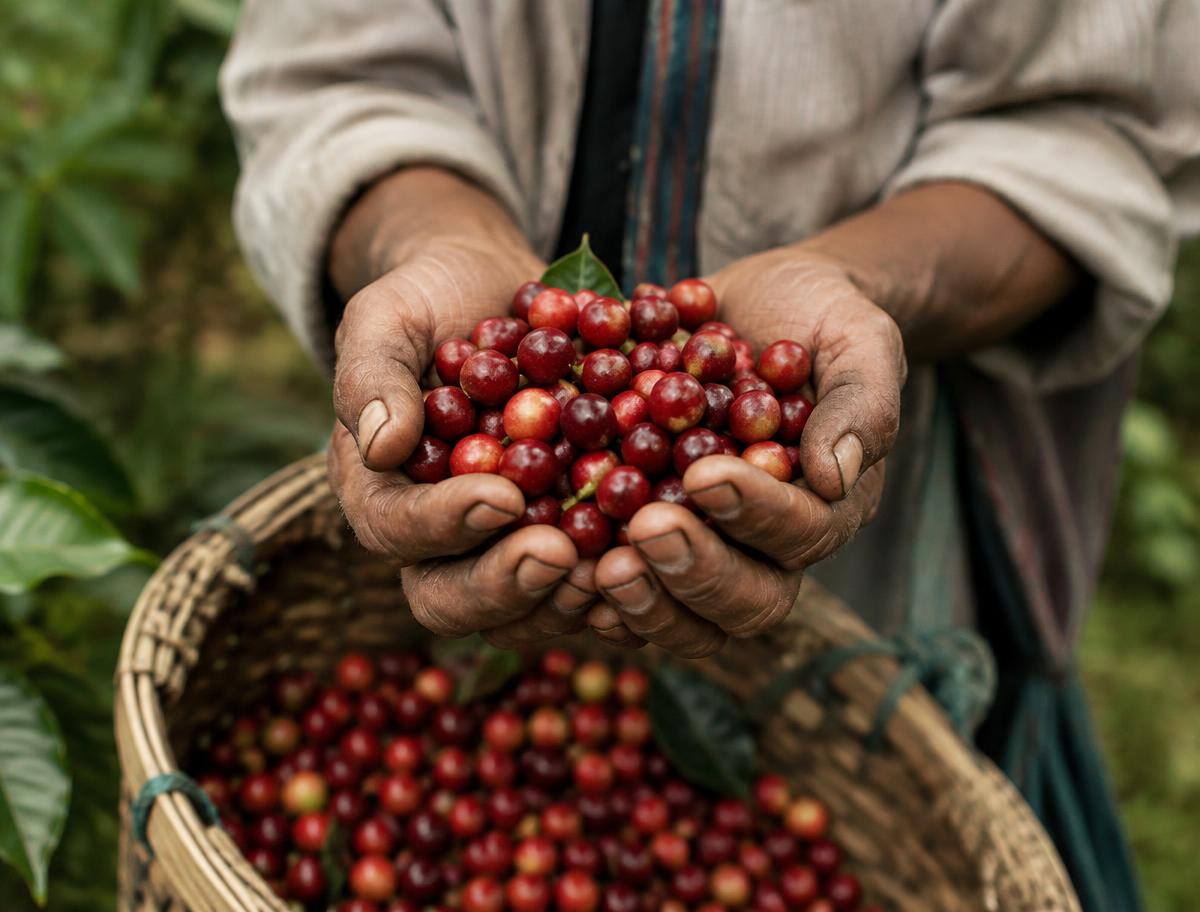 Manos de caficultor con cerezas de café recién cosechadas