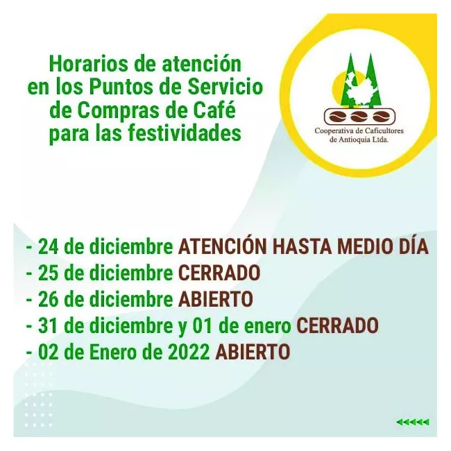 Horarios de Atención en los Puntos de Servicio de Compras de Café – Festividades